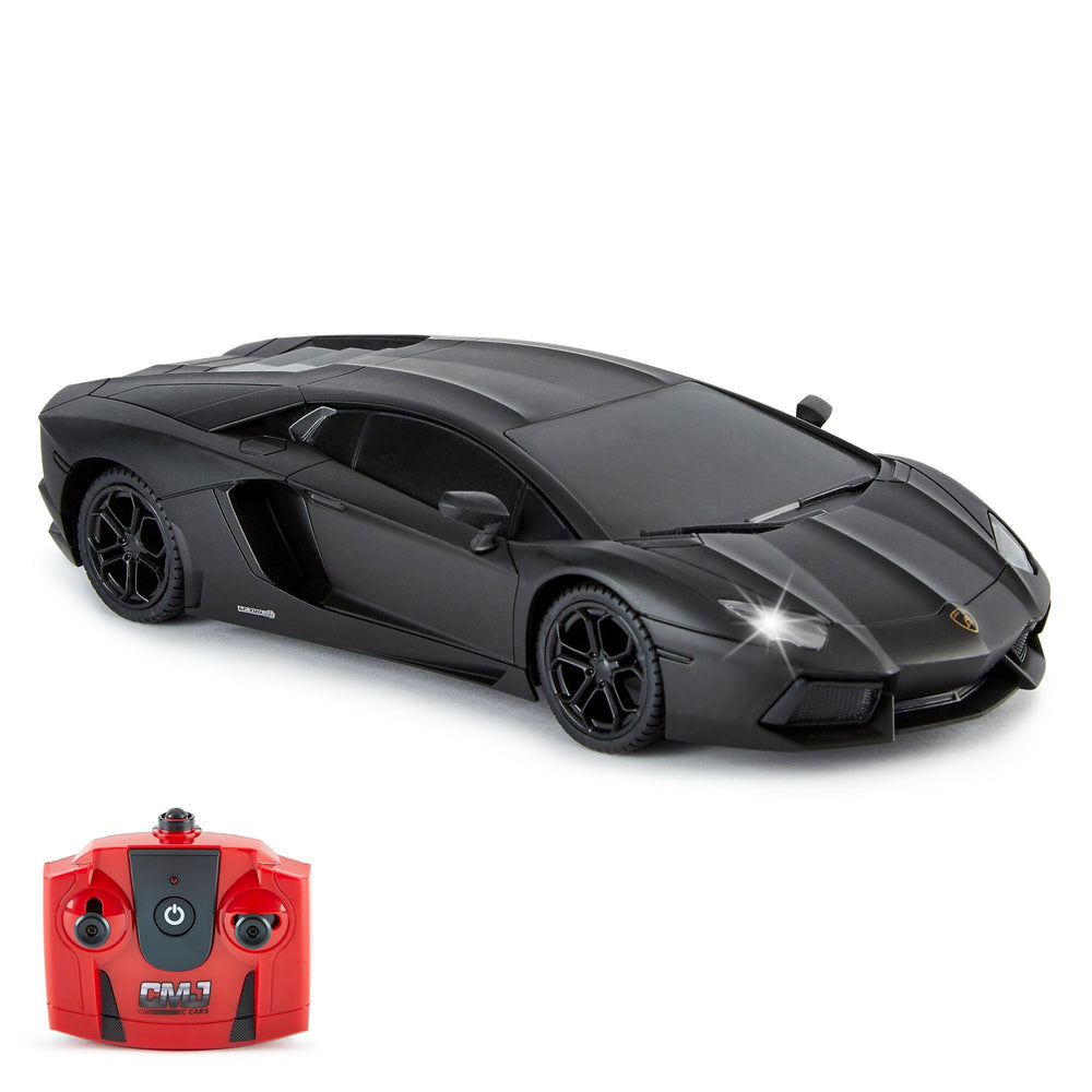 Black remote control Lamborghini Aventador sports car with open door and red CMJ RC transmitter controller