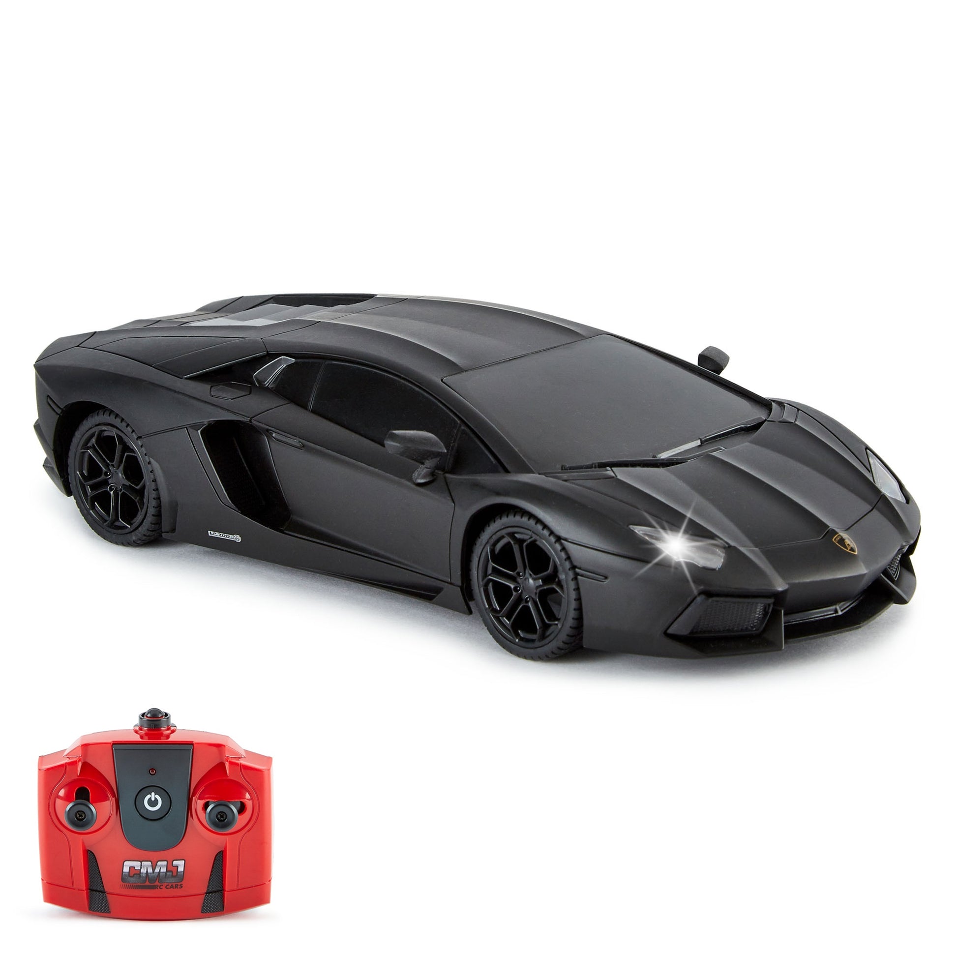 Black remote control Lamborghini Aventador sports car with open door and red CMJ RC transmitter controller