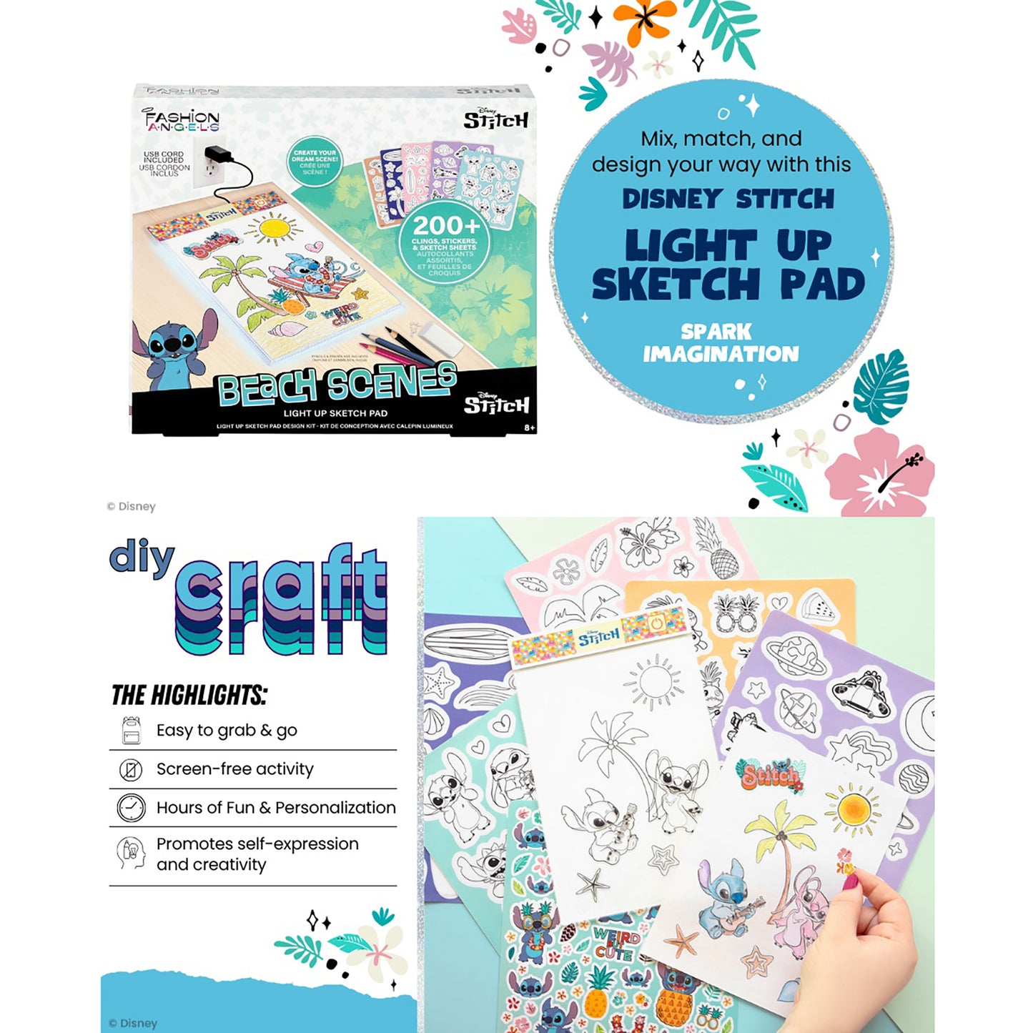 Disney Stitch Light-Up Sketch Pad with 200+ stickers and USB cord included