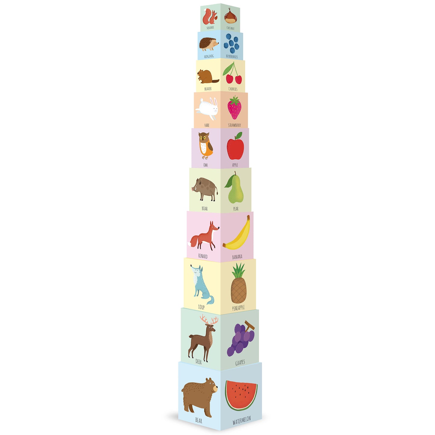 Stacking tower with 10 colorful blocks featuring animals and fruits, each labeled with words like squirrel, acorn, hedgehog, blueberry, beaver, cherry, rabbit,