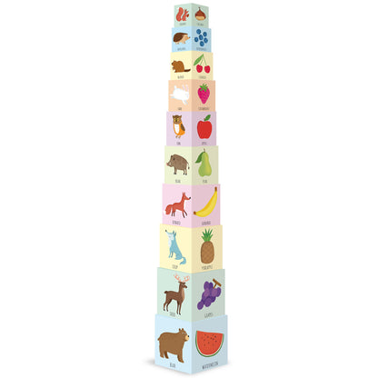 Stacking tower with 10 colorful blocks featuring animals and fruits, each labeled with words like squirrel, acorn, hedgehog, blueberry, beaver, cherry, rabbit,