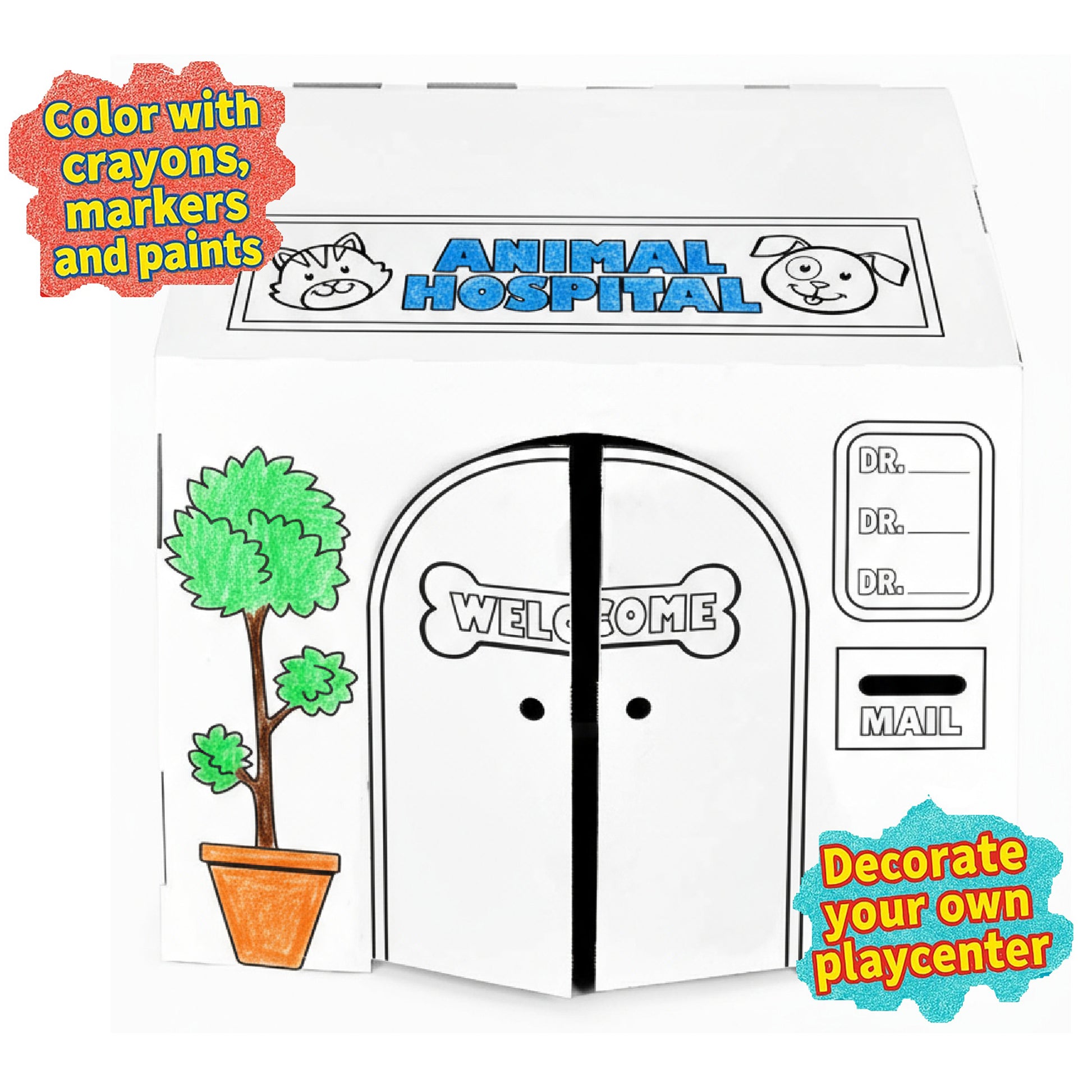 Easy Playhouse Animal Hospital colorable playset with doors, tree, and doctor accessories