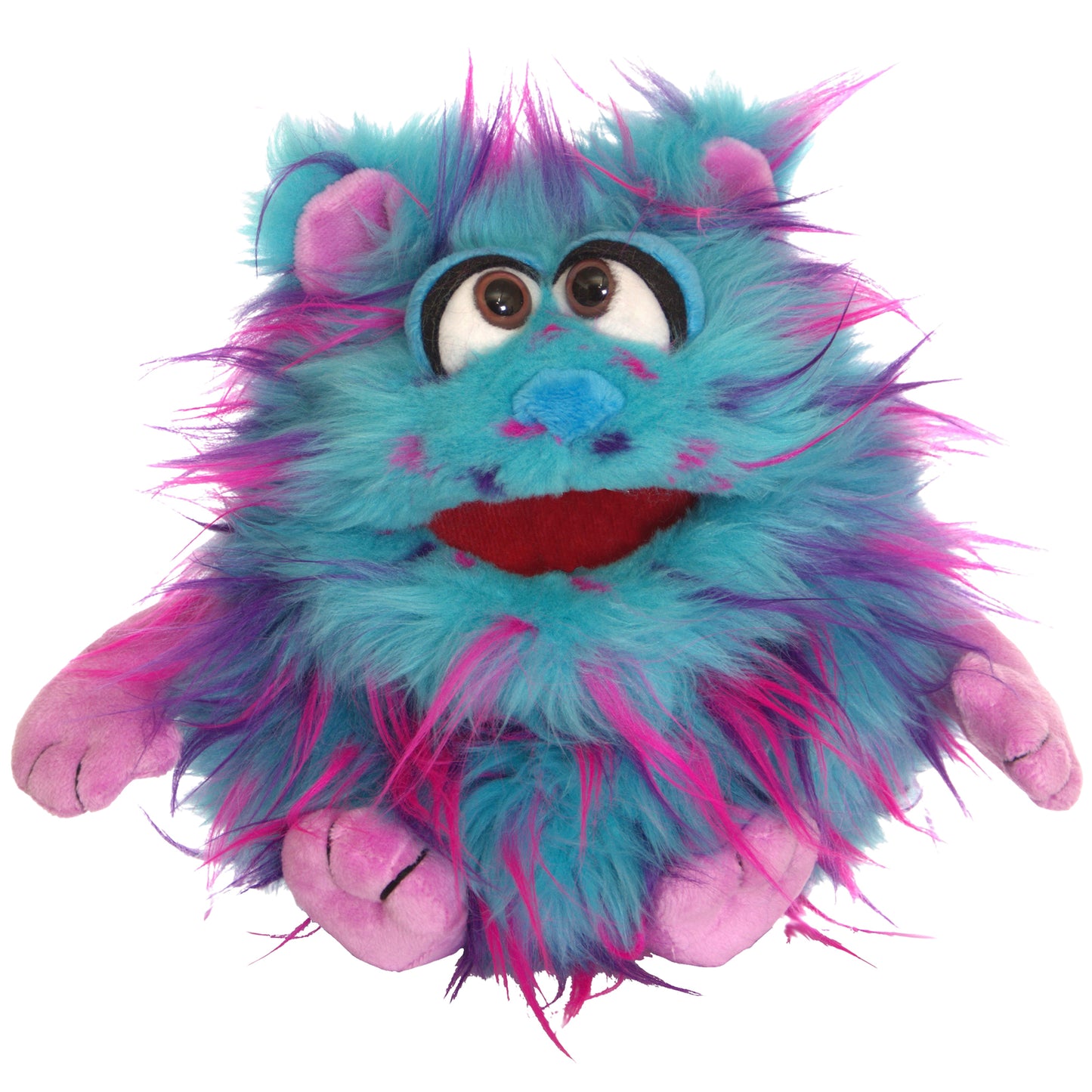 Beep the Blue Friendly Monster hand puppet with turquoise and magenta fluffy fur, pink inner ears, large expressive eyes, and red mouth on plain white backgroun
