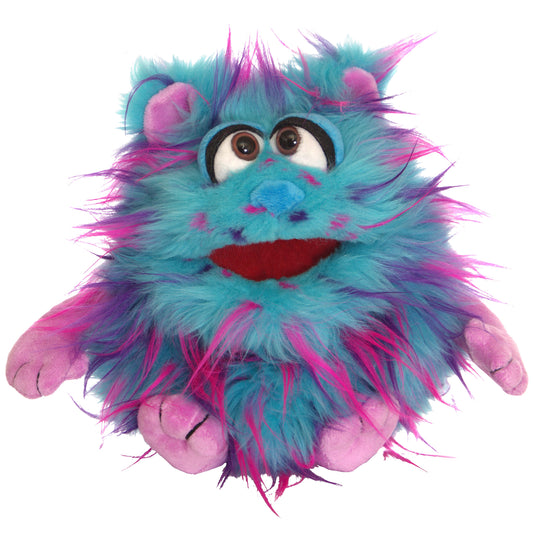 Beep the Blue Friendly Monster hand puppet with turquoise and magenta fluffy fur, pink inner ears, large expressive eyes, and red mouth on plain white backgroun