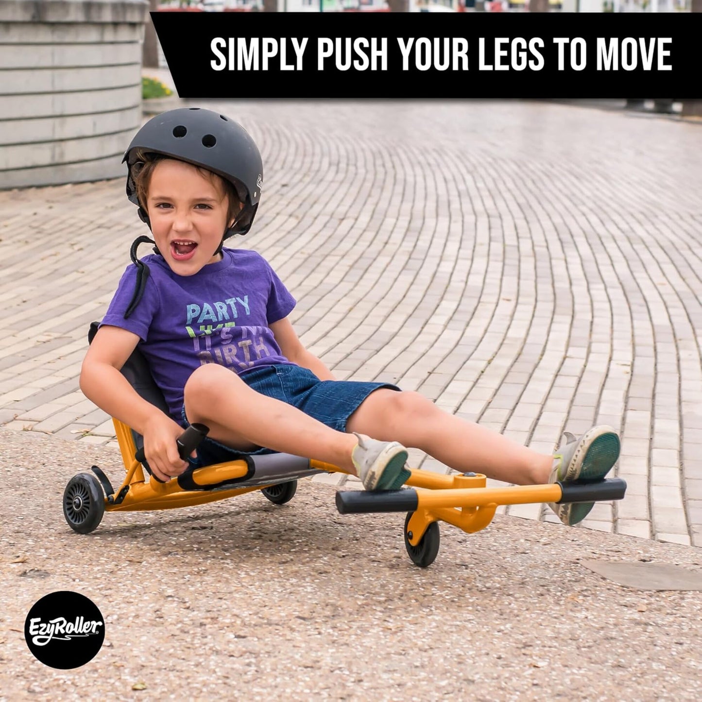 EzyRoller Classic GoMango Orange ride-on toy with child demonstrating leg-powered movement