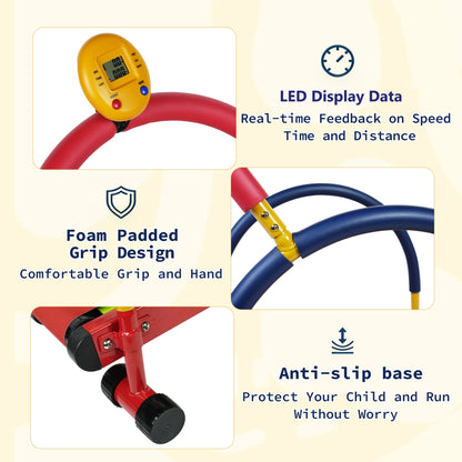 Kids non-motorized treadmill with red platform, blue and yellow accents, and yellow digital fitness tracker display
