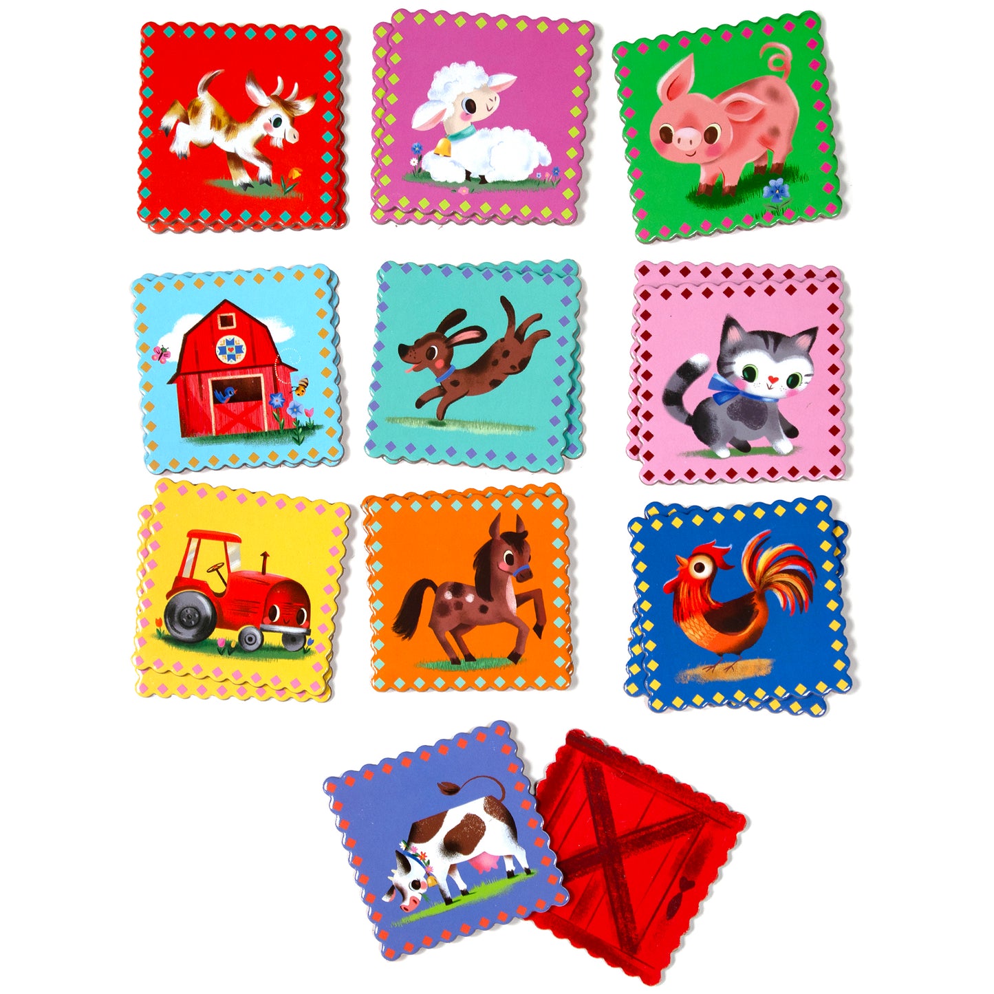 Memory & Matching Game: Little Farm puzzle tiles featuring farm animals in colorful designs