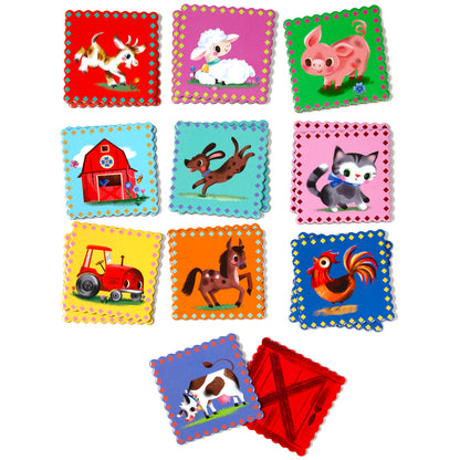 Memory & Matching Game: Little Farm puzzle tiles featuring farm animals in colorful designs