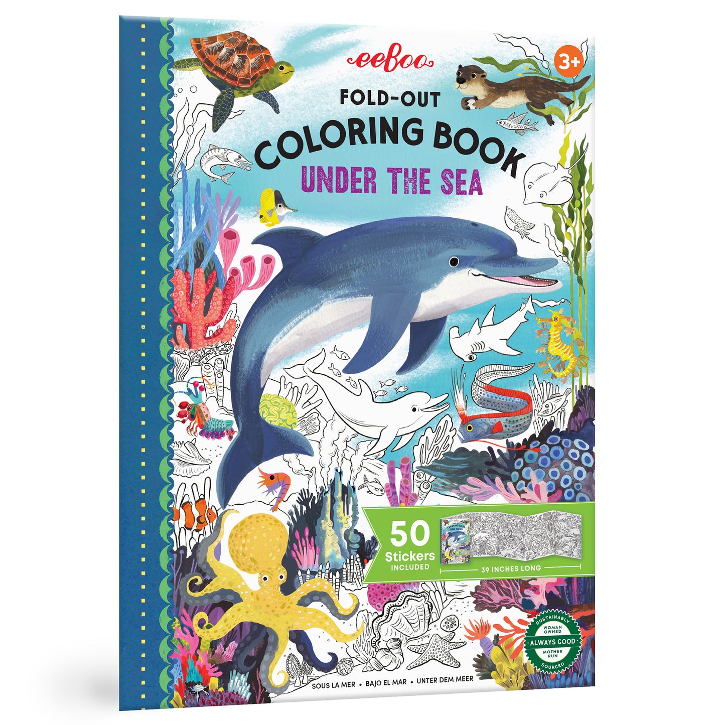 eeBoo Fold-Out Coloring Book Under The Sea featuring a blue whale, sea turtle, and yellow octopus surrounded by coral and fish, with 50 stickers included, for a