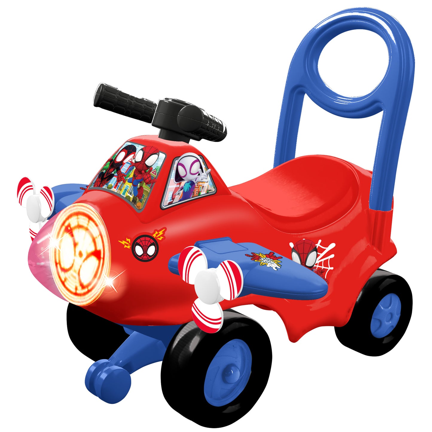 Activity Plane Ride-On Spidey red and blue push toy with lights and telescope