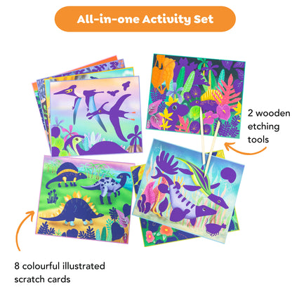Tiger Tribe Dinosaur Scratch Art Kit - 8 Colorful Illustrations, Wooden Tools, Ages 5+