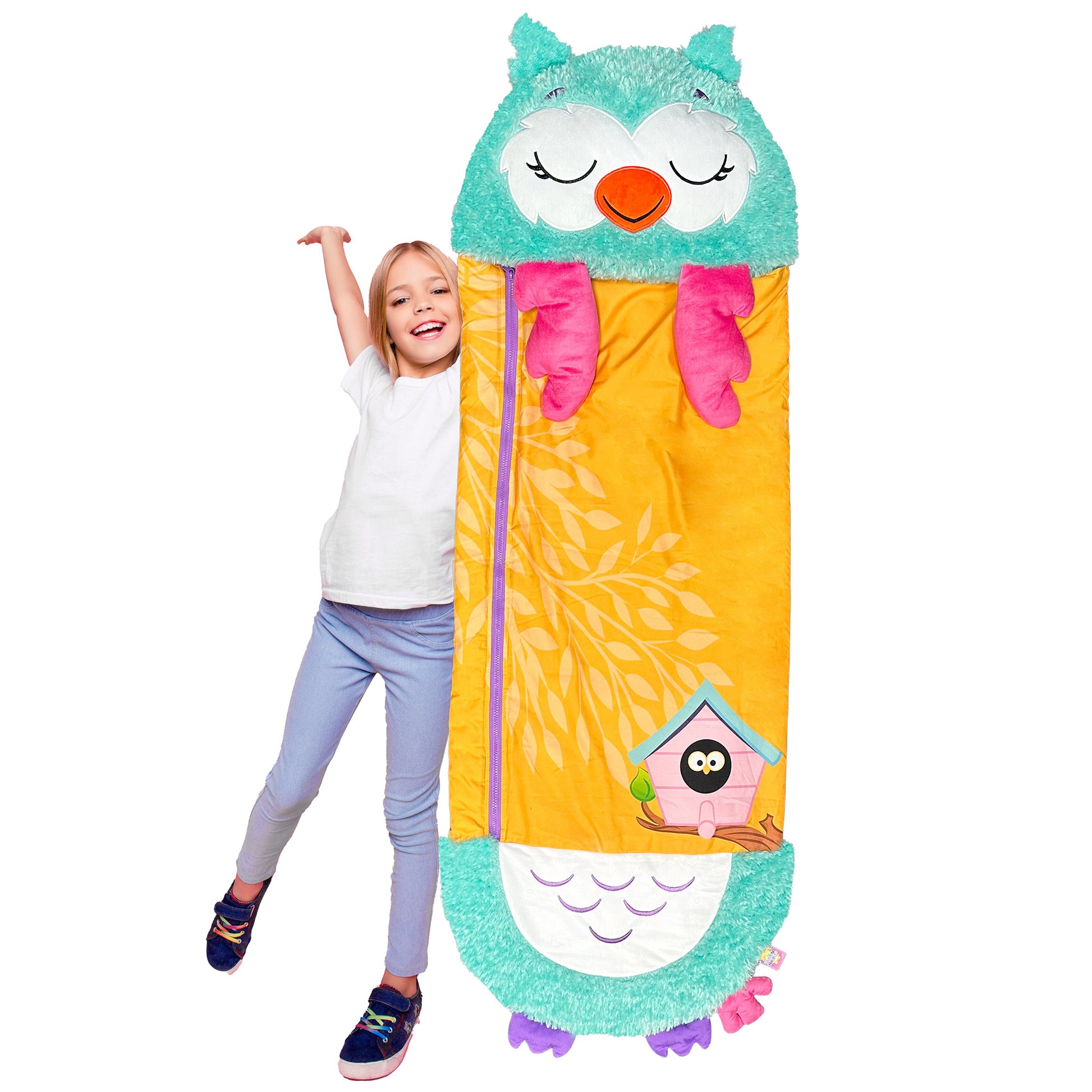 Happy Nappers Large Green Owl 2-in-1 Pillow Sleepy Sack Plush with child