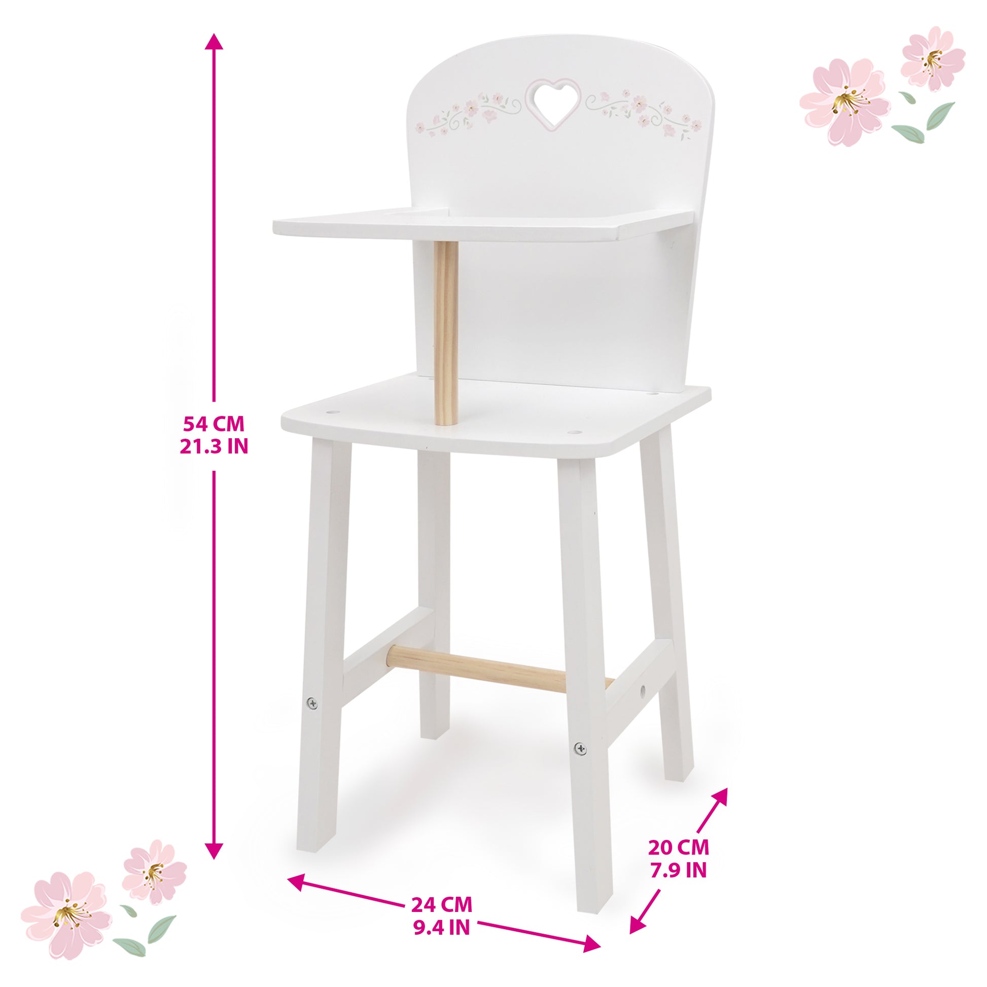 Little Flora Wooden Doll Highchair in white with heart cutout and natural wood details
