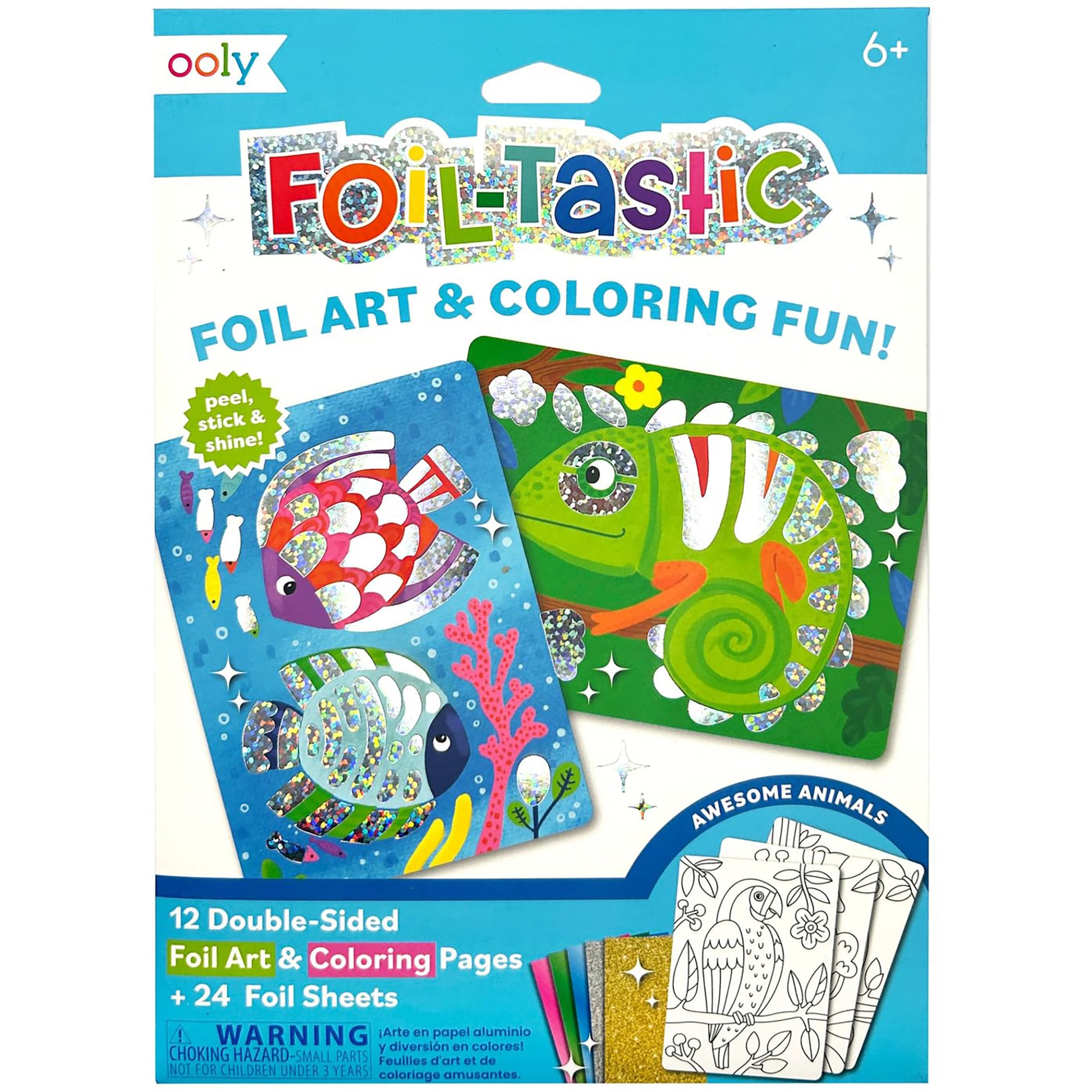 OOLY Foil-Tastic foil art and coloring set packaging showing colorful double-sided pages with fish and chameleon designs, plus 24 foil sheets and coloring pages