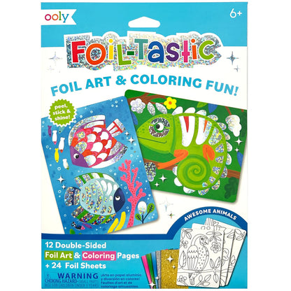 OOLY Foil-Tastic foil art and coloring set packaging showing colorful double-sided pages with fish and chameleon designs, plus 24 foil sheets and coloring pages