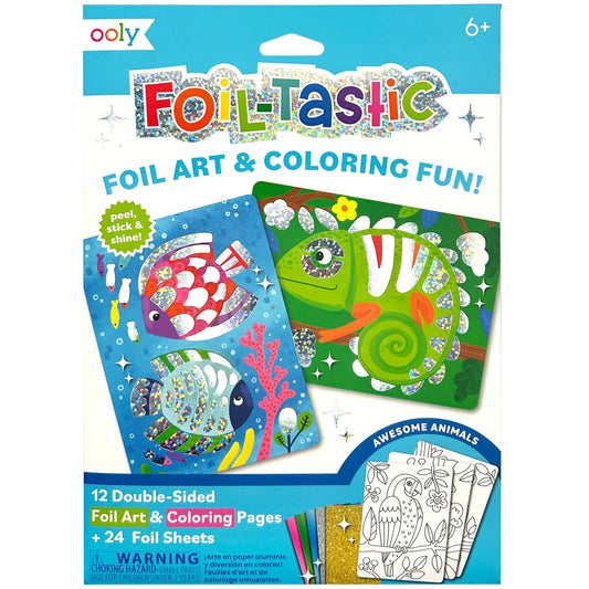 OOLY Foil-Tastic foil art and coloring set packaging showing colorful double-sided pages with fish and chameleon designs, plus 24 foil sheets and coloring pages