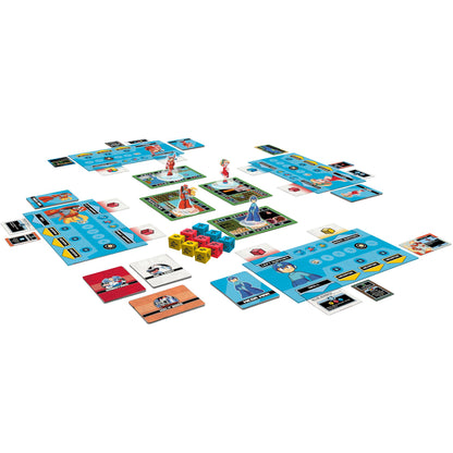 Mega Man Adventures board game components including blue game boards, character cards, colored dice, and player piece...