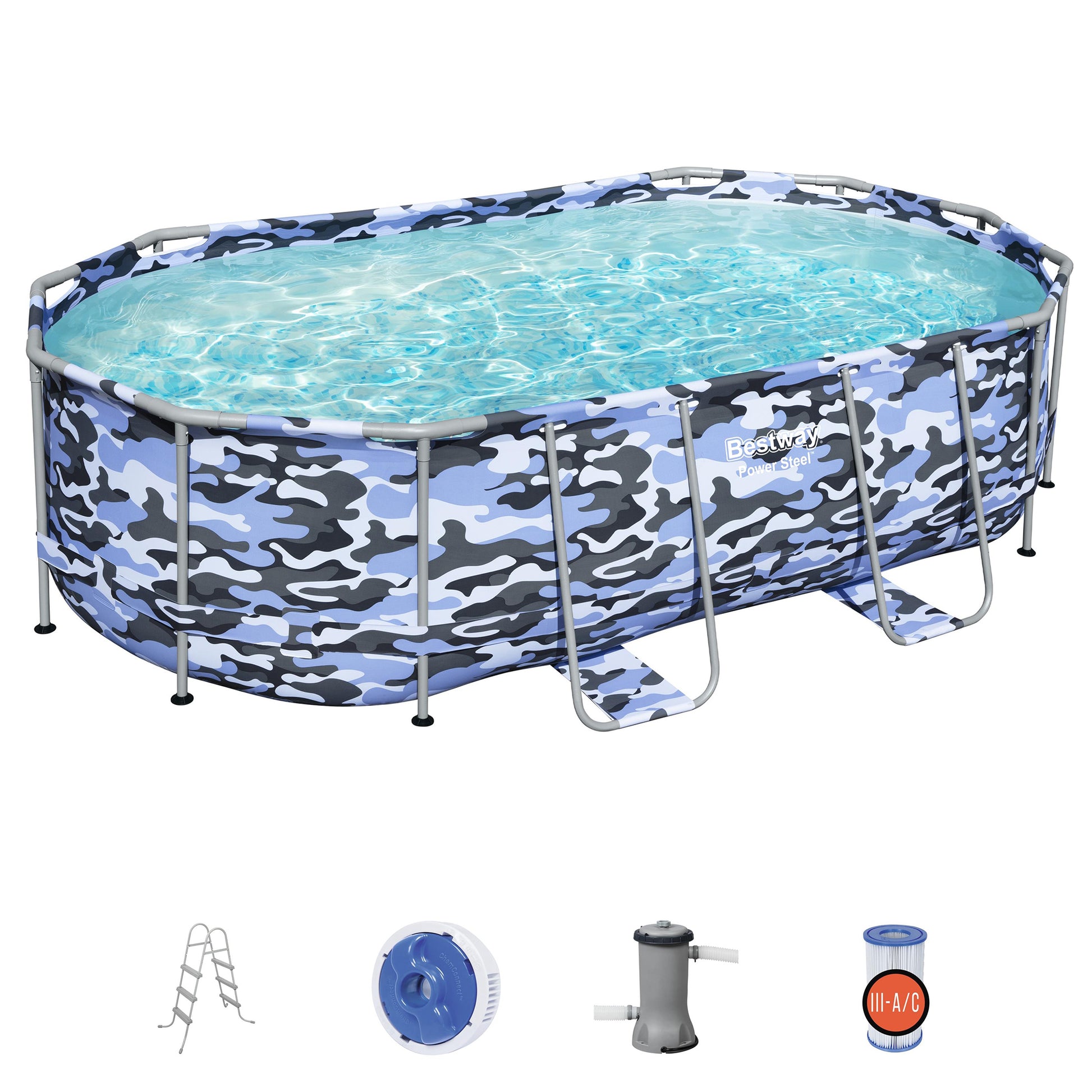 Steel Max Pro 14' x 8'2" oval pool set with blue camouflage frame, ladder, pump, and filter