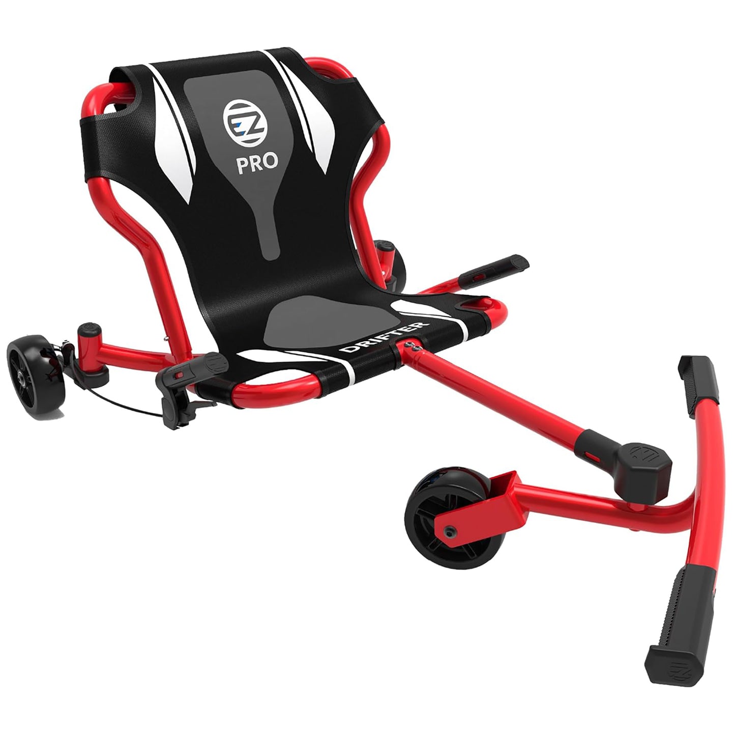 EzyRoller Drifter Pro X in red and black with gray accents, three-wheeled ride-on vehicle with seat, handlebars, and foot pedal on white background