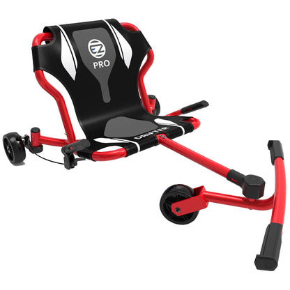 EzyRoller Drifter Pro X in red and black with gray accents, three-wheeled ride-on vehicle with seat, handlebars, and foot pedal on white background