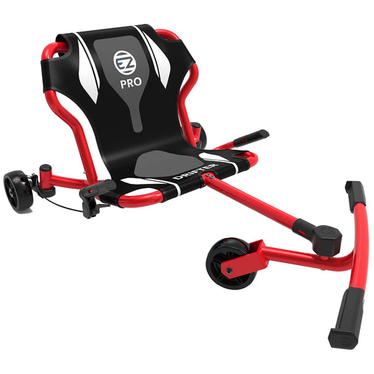 EzyRoller Drifter Pro X in red and black with gray accents, three-wheeled ride-on vehicle with seat, handlebars, and foot pedal on white background