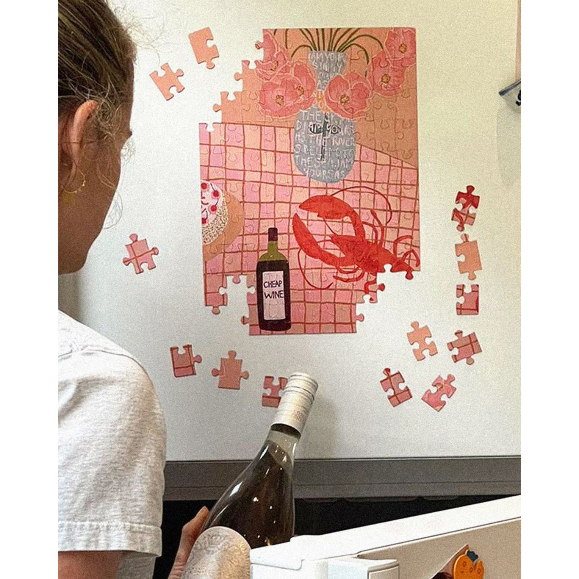 JOS Magnetic Puzzle Lobster Lunch in pink with wine bottle and loose pieces