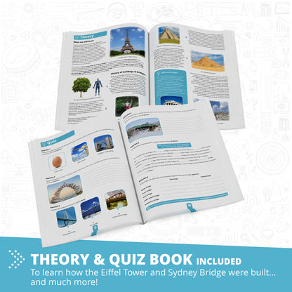 Engino Architecture building set with theory and quiz book showing Eiffel Tower and Sydney Bridge models