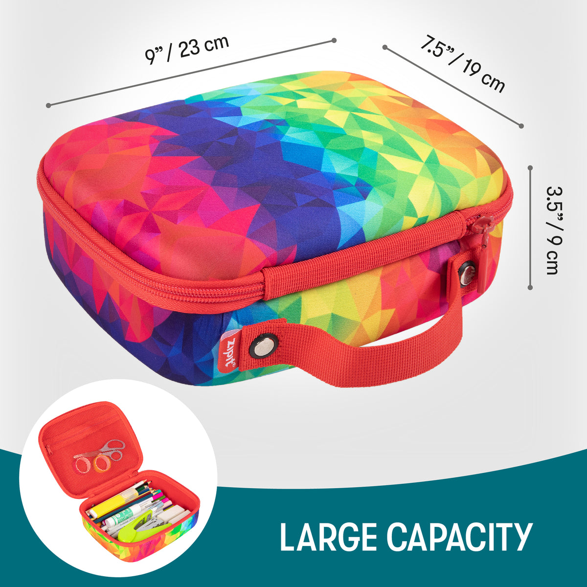 ZIPIT Jumbo Pencil Case in Rainbow with colorful geometric pattern, red zipper, and carrying handle