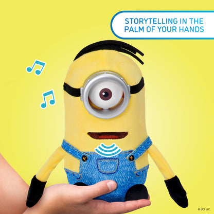 Minions Palm Puppetronic Dick toy in yellow and blue with 40+ sounds, held in hand