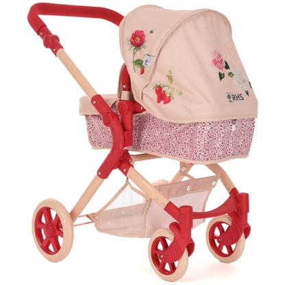 Roma RHS Single Doll Pram Flora with pink floral canopy and red wheels