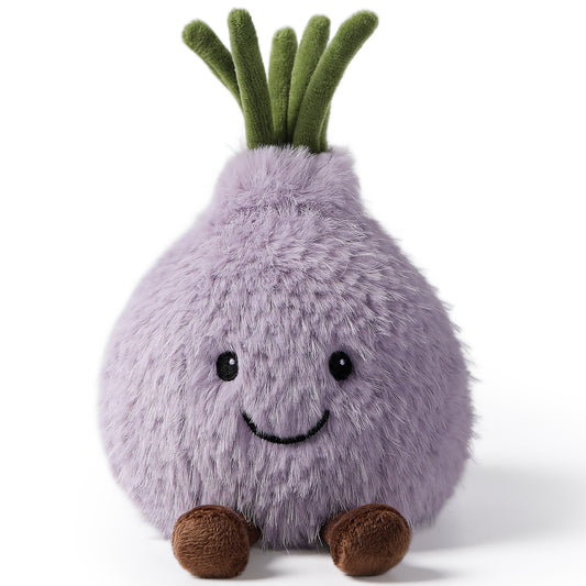 MCHUGS Gourmet Series Tearful Onion Plush 7-Inch with purple body, green stem top, and smiling face
