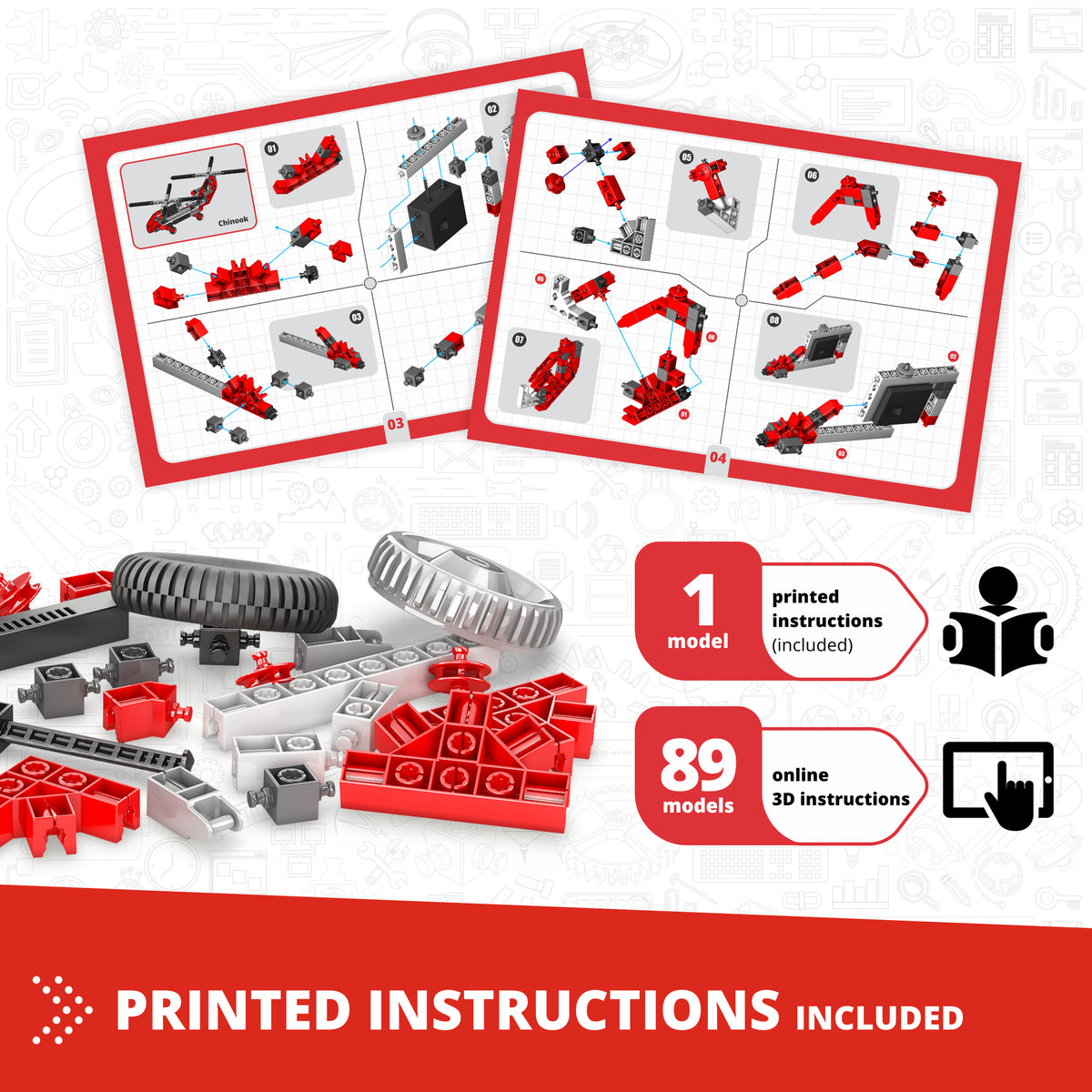 Engino Creative Builder 90-in-1 red motorized construction toy vehicle set with printed instructions