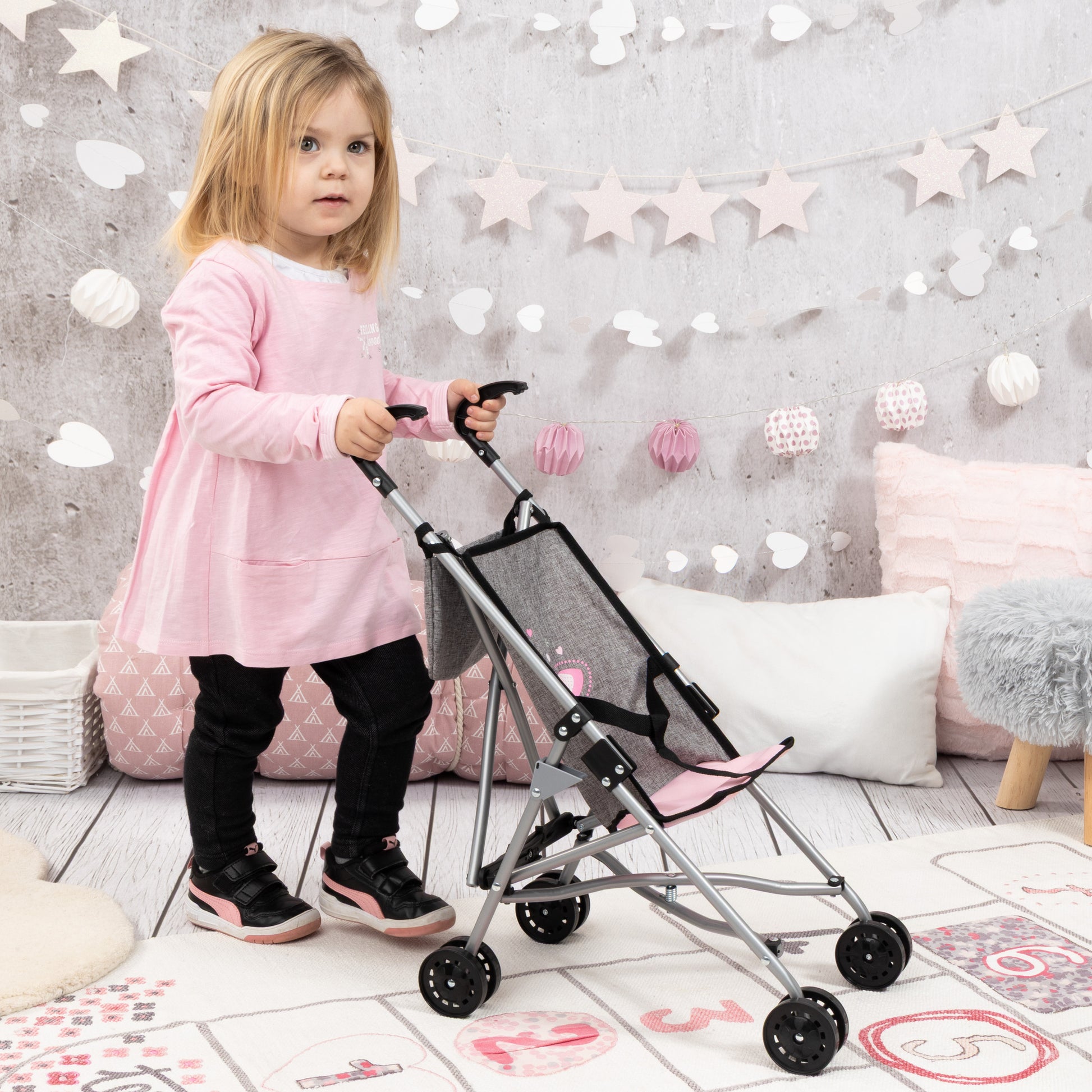 Bayer Design Dolls Buggy in grey and pink with butterfly design