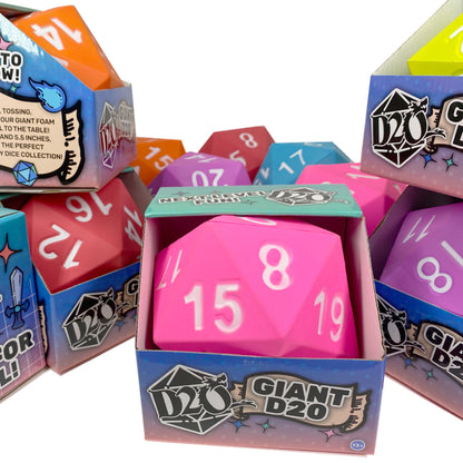 KESS Giant D20 Foam Dice collection in vibrant pink, purple, red, and blue colors for tabletop RPG gaming