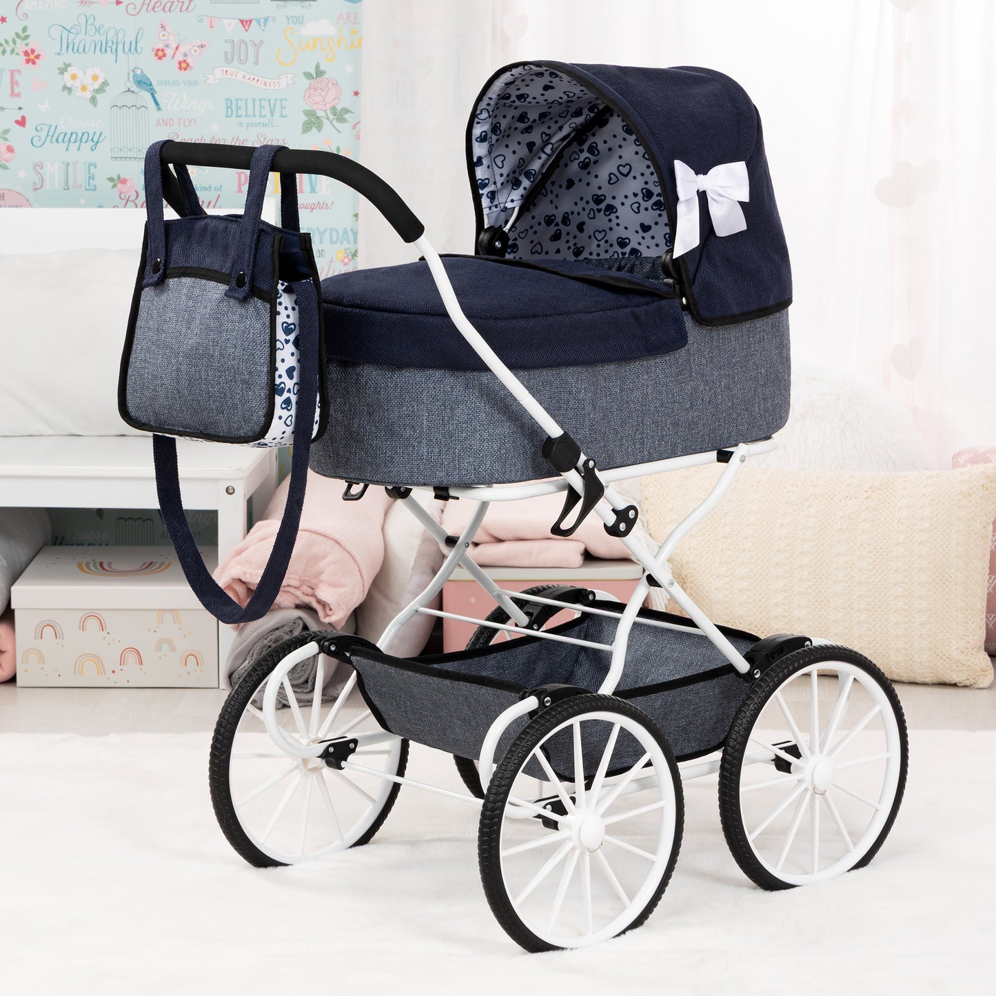 Bayer Design Dolls Pram Classic navy and grey doll stroller with white wheels