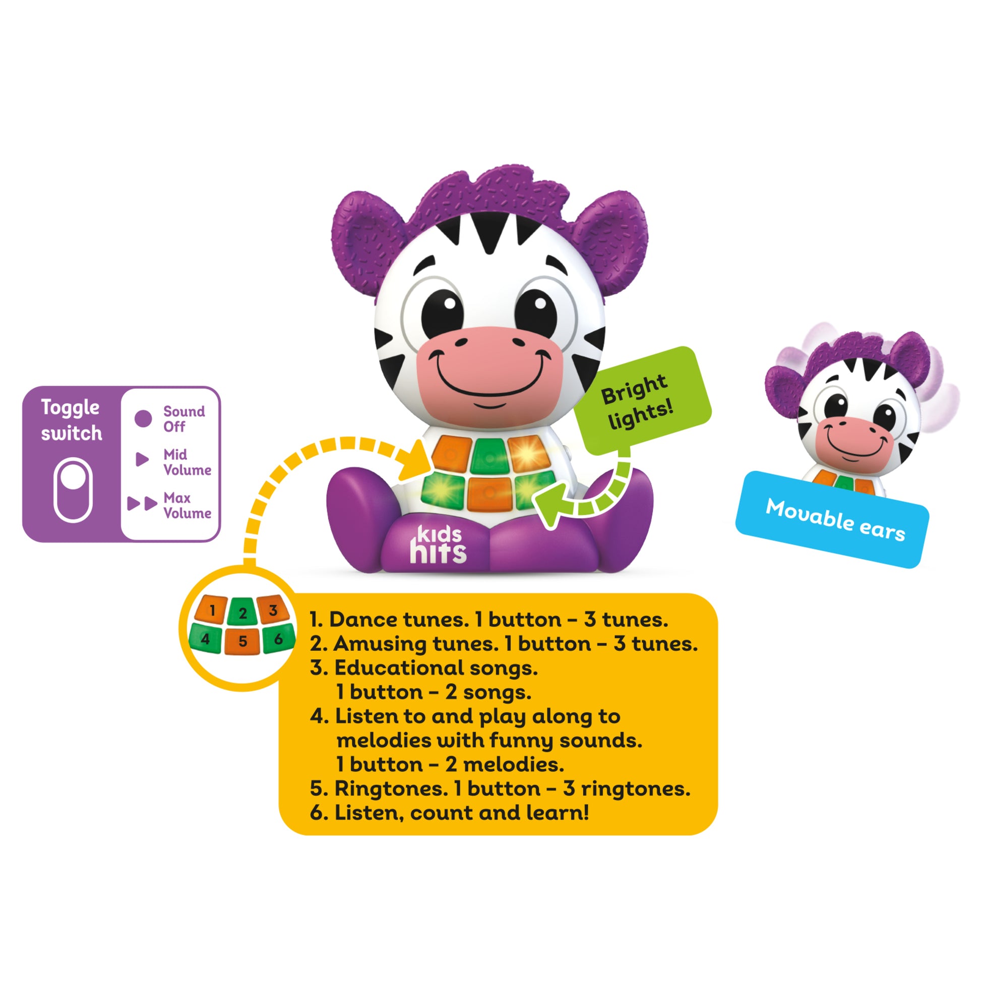 Kids Hits Babykins Zebra toy with purple ears, colorful light-up buttons, and interactive musical features