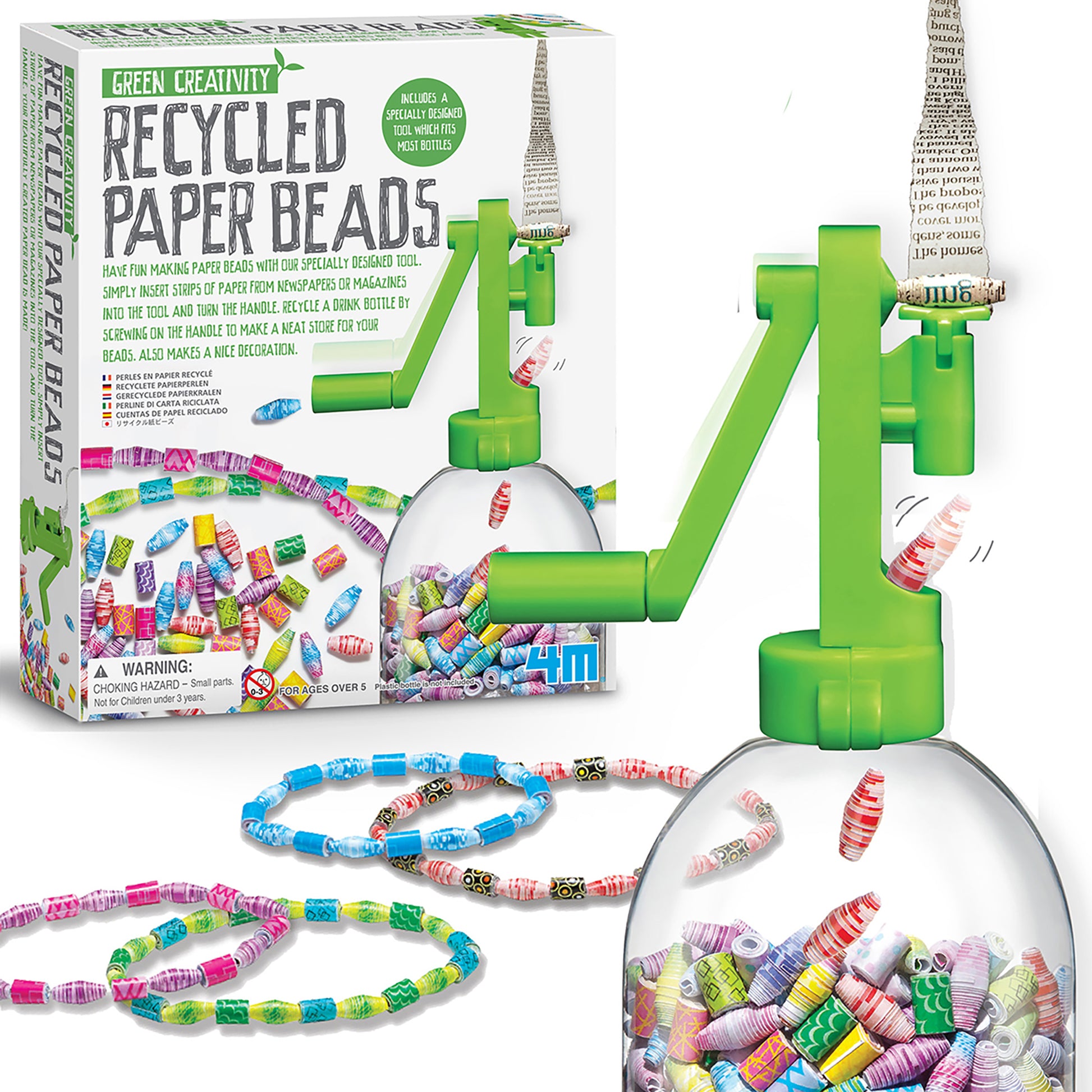 Green Creativity Recycled Paper Beads craft kit showing box, green bead-making tool, colorful paper beads, and finished beaded bracelets with decorative spacer