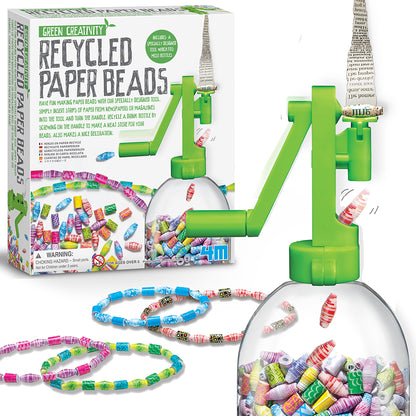 Green Creativity Recycled Paper Beads craft kit showing box, green bead-making tool, colorful paper beads, and finished beaded bracelets with decorative spacer