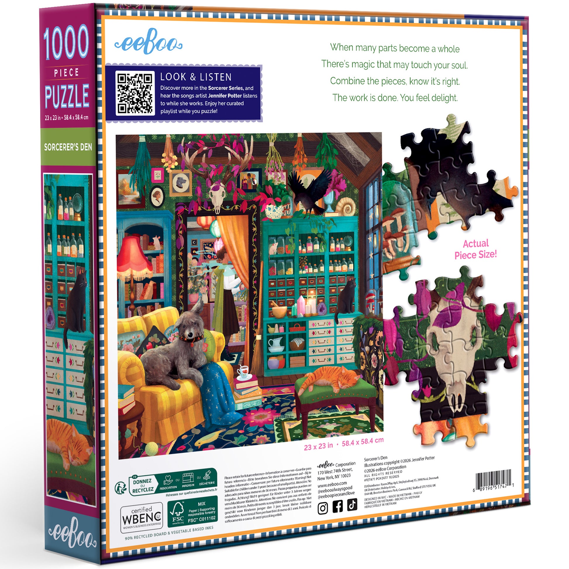 Sorcerer's Den 1000 Piece Puzzle by eeBoo featuring colorful magical den with animal and mystical decor