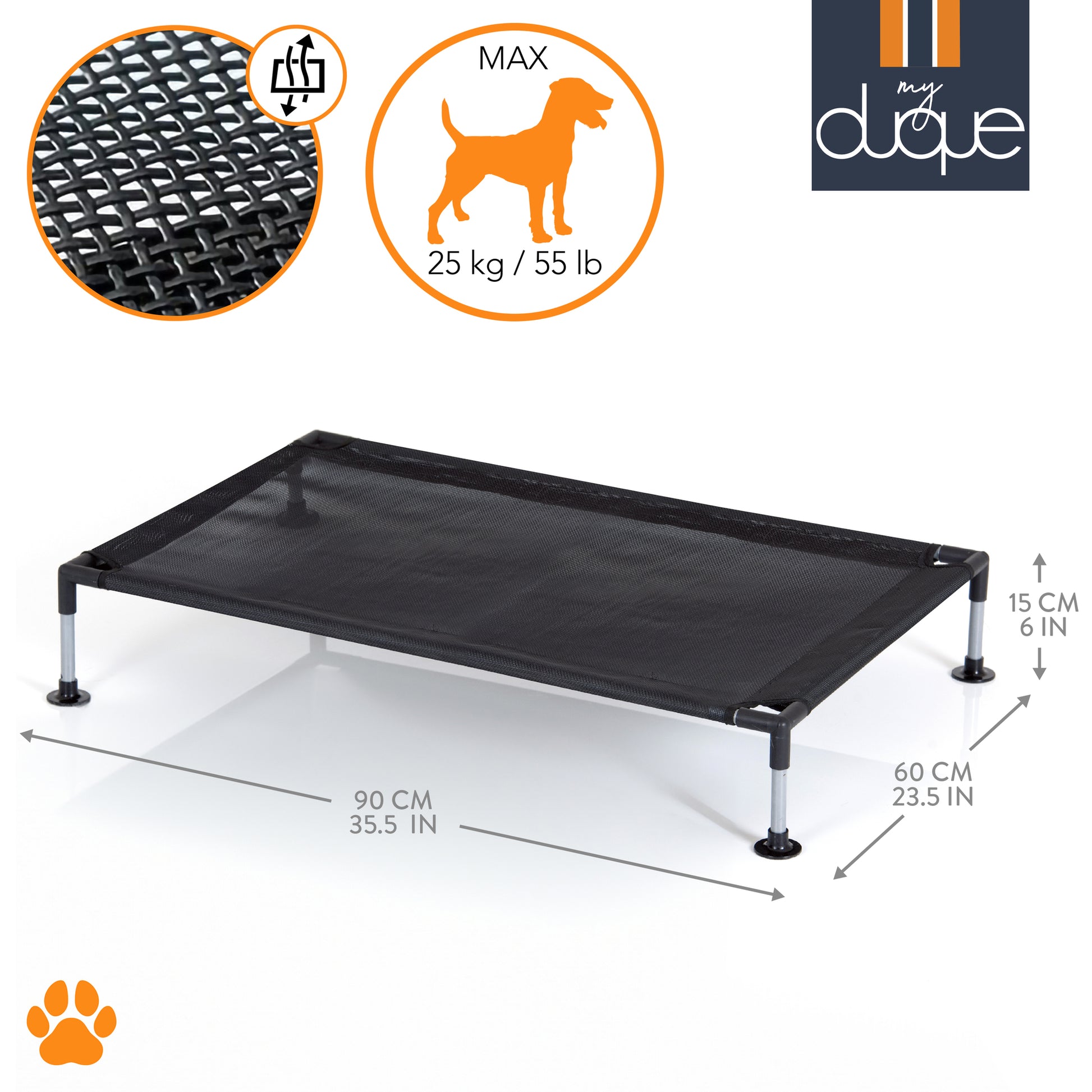 My Duque COOLA Pet Bed Large black elevated dog lounger, 35.5x23.5 inches