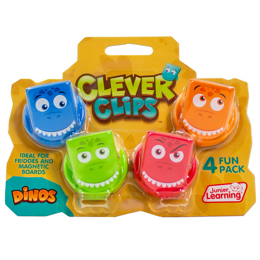 Clever Clips 4-pack magnetic clips featuring colorful dinosaur characters in blue, orange, green, and red on gold cardstock packaging