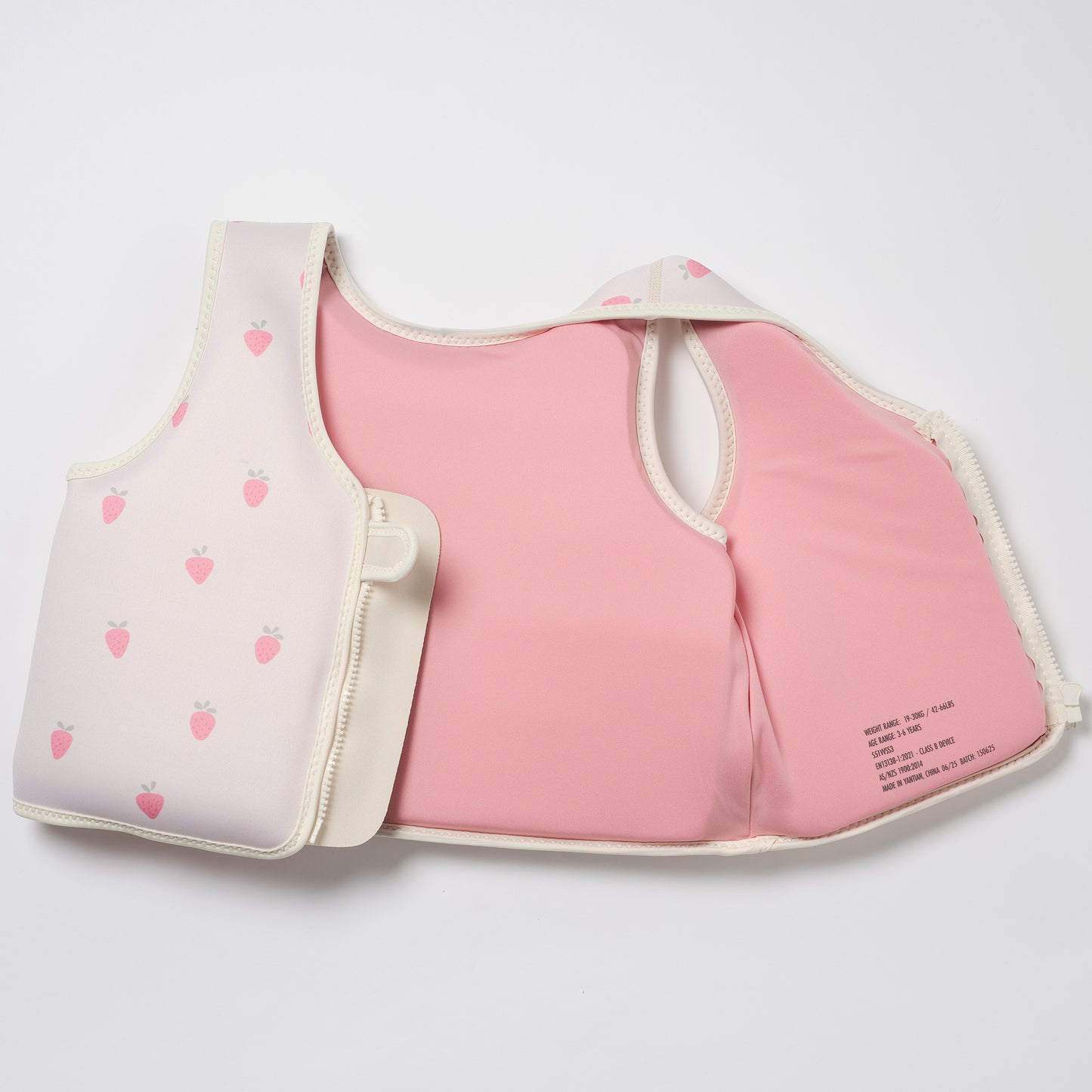 Kids Swim Vest 3-6 Strawberry Sunshine pink and cream with strawberry pattern