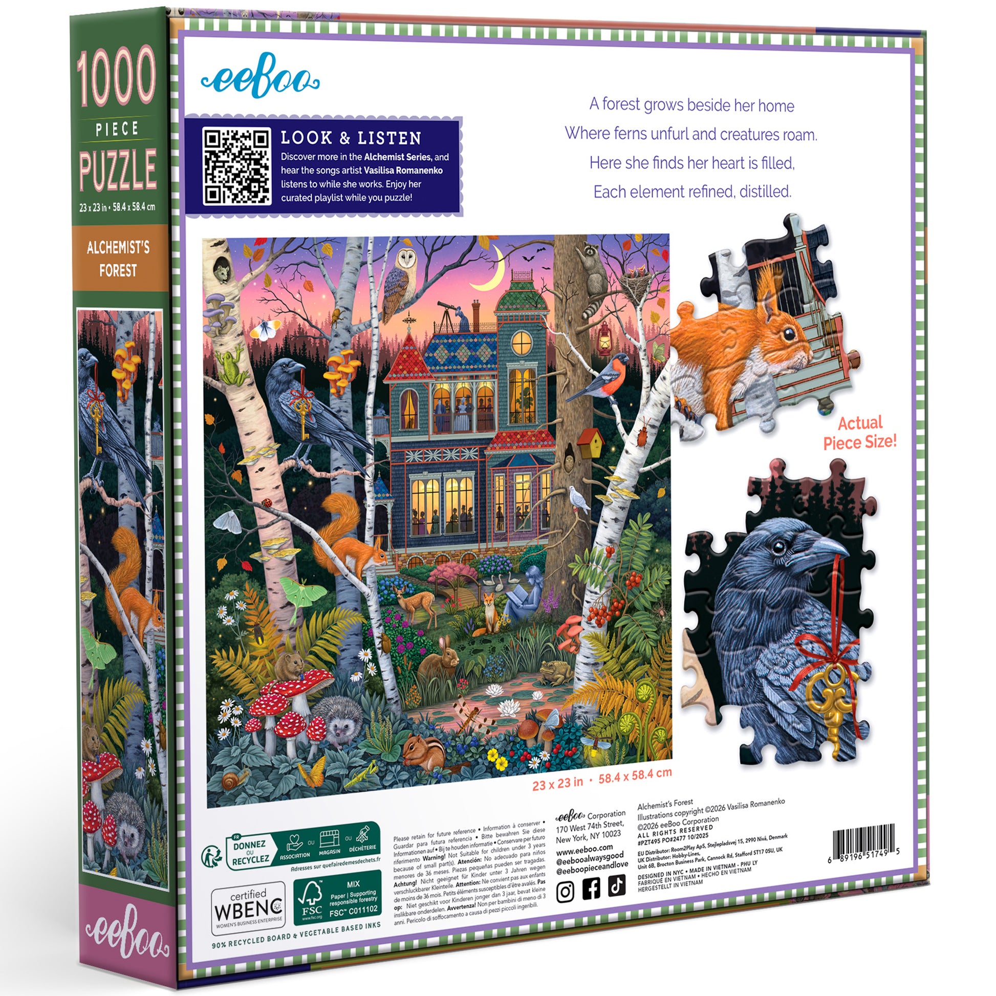 eeBoo Alchemist's Forest 1000 piece puzzle box showing colorful forest scene with house, animals, and magical creatures