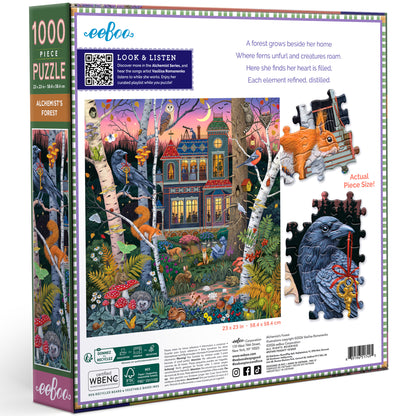 eeBoo Alchemist's Forest 1000 piece puzzle box showing colorful forest scene with house, animals, and magical creatures