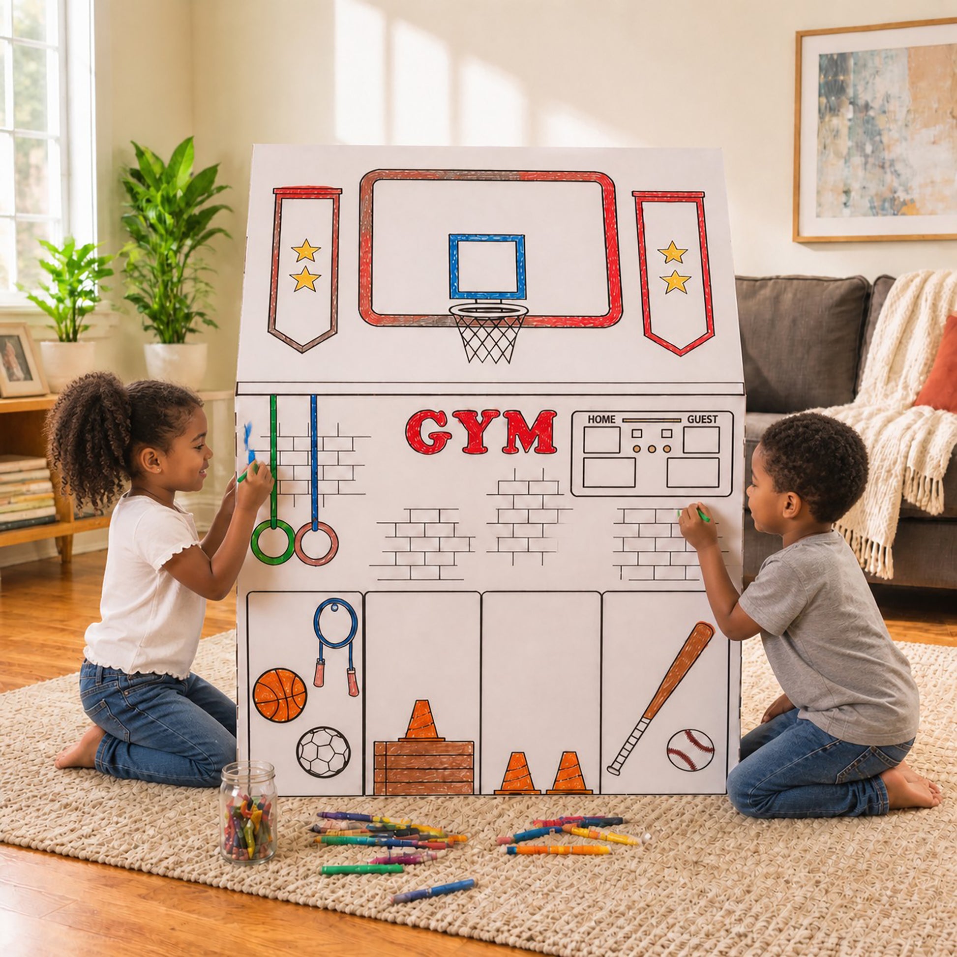 Easy Playhouse School cardboard fort with basketball hoop, gym equipment, and coloring markers