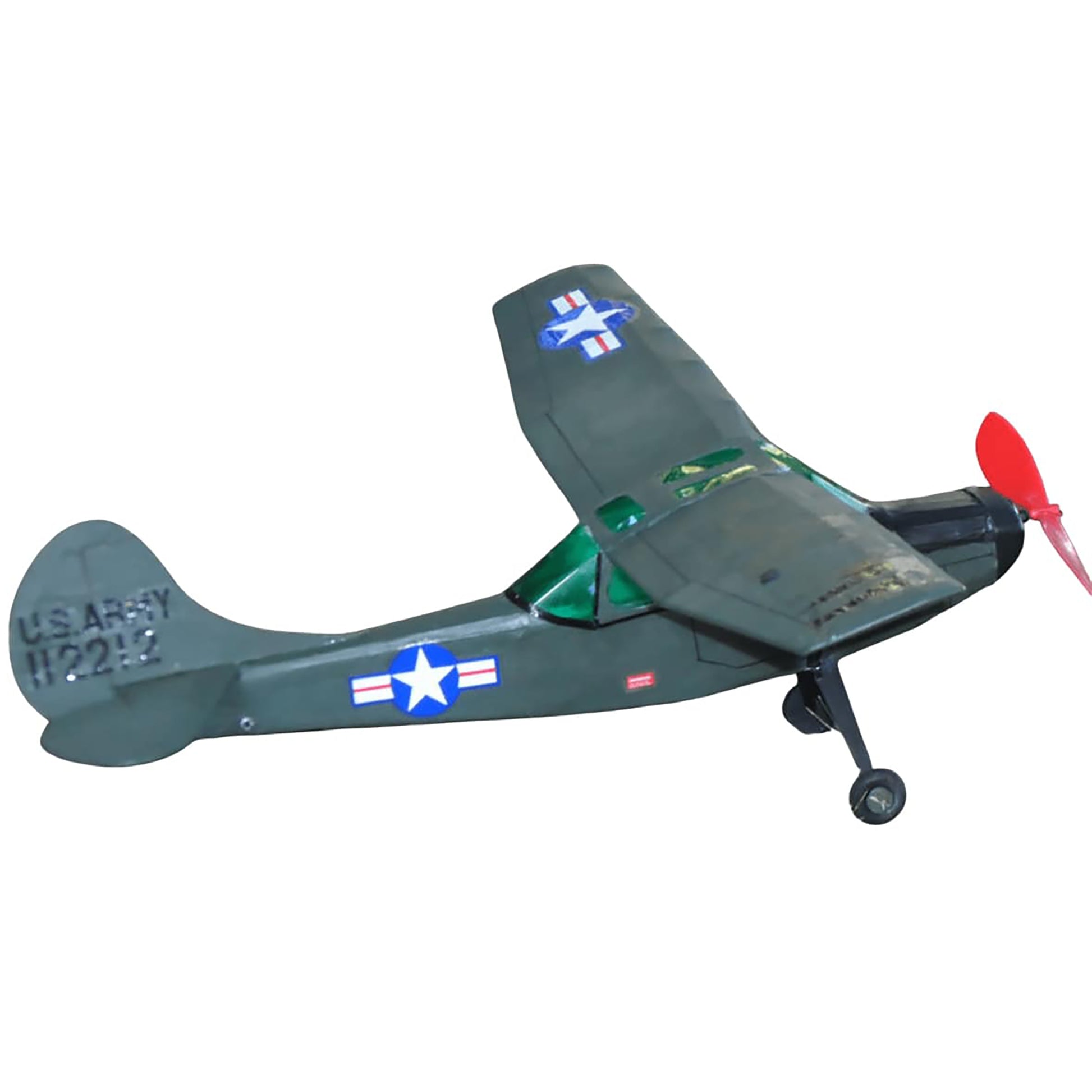 Guillow's Cessna O-1E Bird Dog balsa wood model kit with green fuselage and red propeller