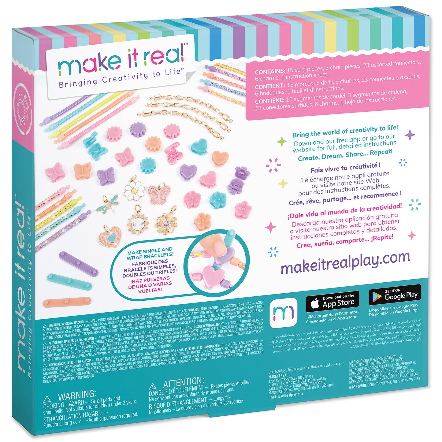 Make It Real Pastel Paradise Jewelry Kit packaging showing colorful cord pieces, chain bracelets, and decorative charms in pastel colors on display