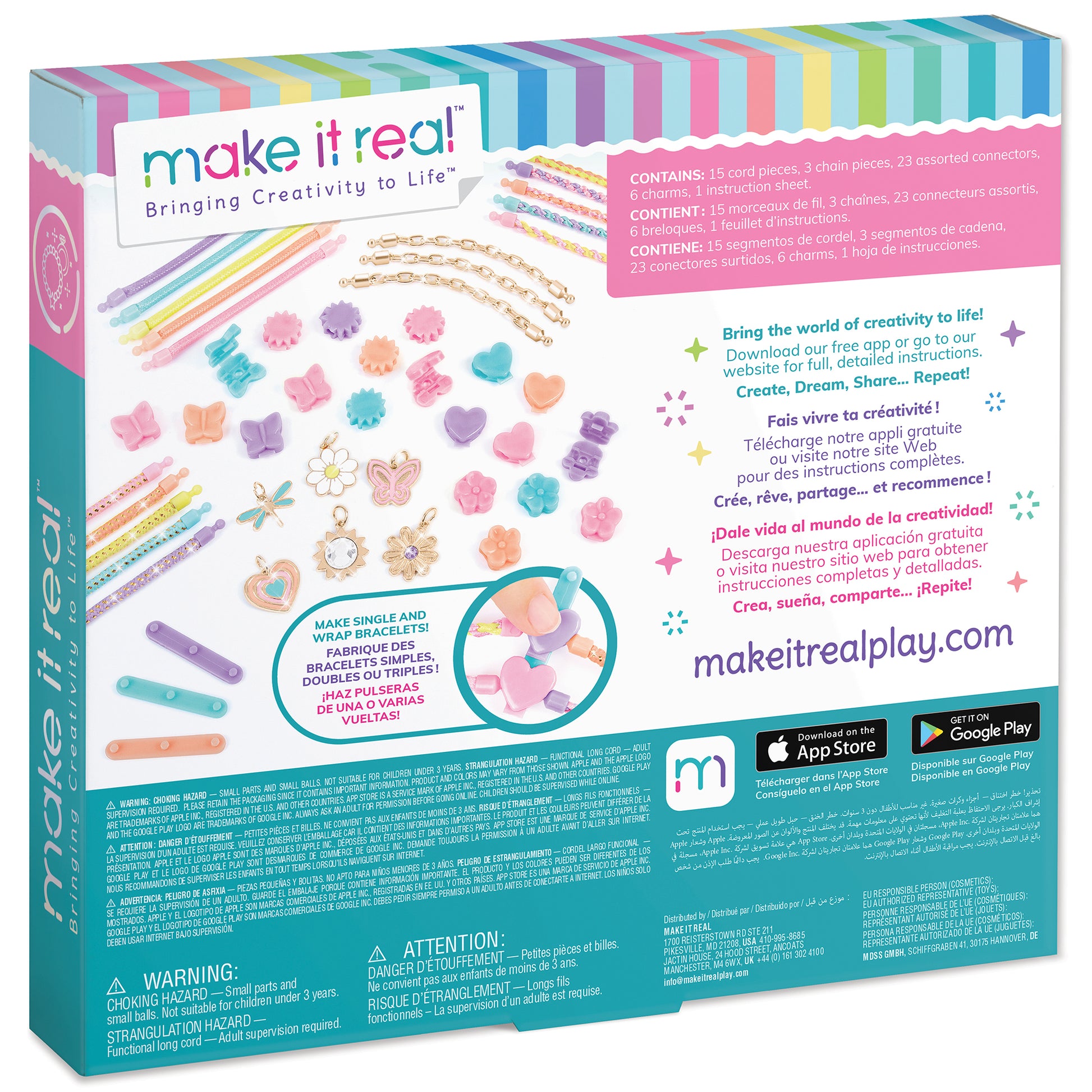 Make It Real Pastel Paradise Jewelry Kit packaging showing colorful cord pieces, chain bracelets, and decorative charms in pastel colors on display