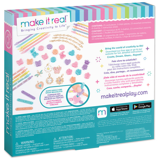 Make It Real Pastel Paradise Jewelry Kit packaging showing colorful cord pieces, chain bracelets, and decorative charms in pastel colors on display