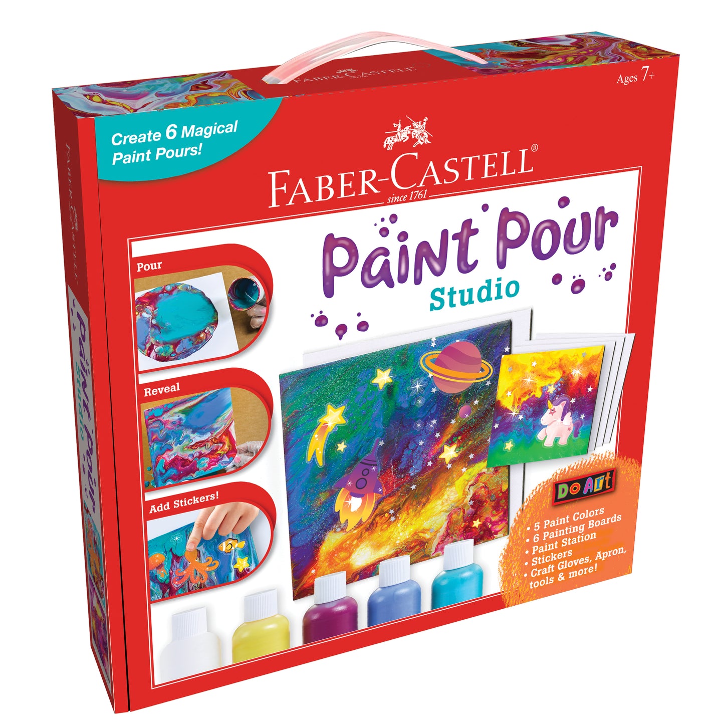 Faber-Castell Paint Pour Studio kit box showing colorful paint pour artwork samples, paint bottles, painting boards, and stickers included